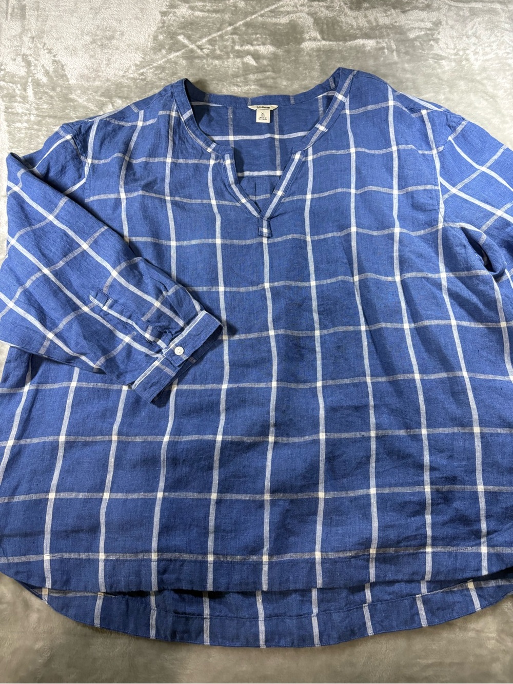 LL Bean 100% Linen Windowpane Splitneck Shirt Size XL New - Picture 2 of 3
